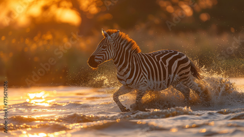 A zebra run across ponds golden hour generative ai