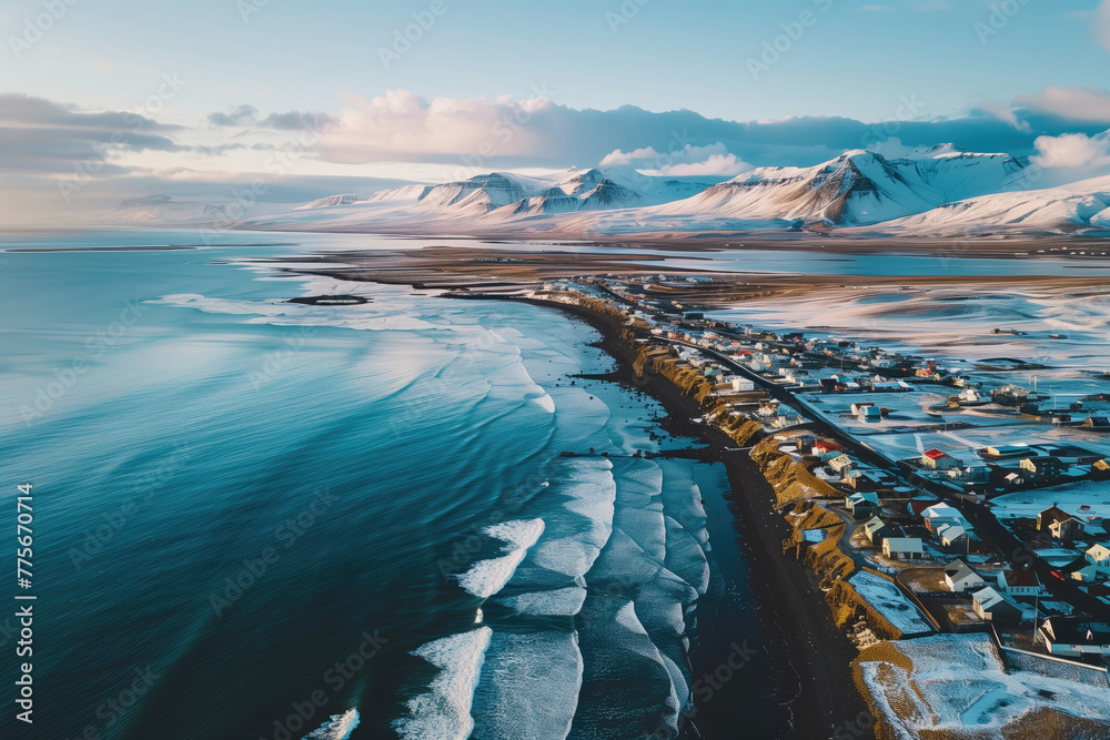 Φωτογραφία Scenic Icelandic landscape with town or village with colorful houses situated on