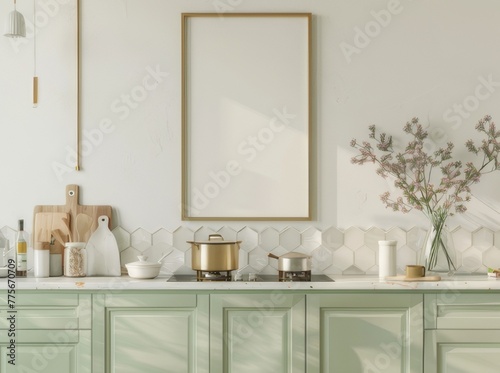 Mockup of a modern blank poster frame on a kitchen counter with hexagon tiles