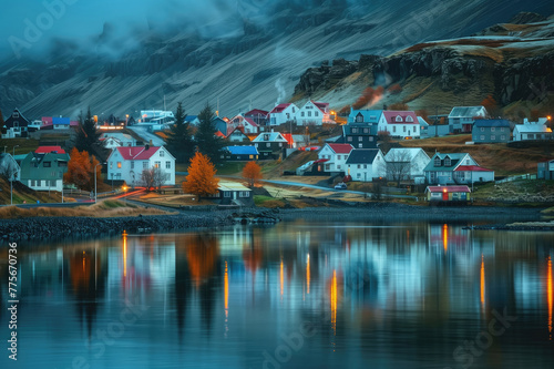 Scenic Icelandic landscape with town or village with colorful houses situated on the ocean coast in Iceland