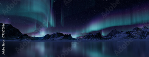 Winter Mountains with Aurora Lights. Blue Sky Banner with copy-space. photo