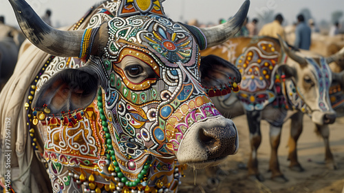 Vibrantly adorned bull at the traditional Sonepur livestock fair in Bihar, India - showcasing rich cultural art