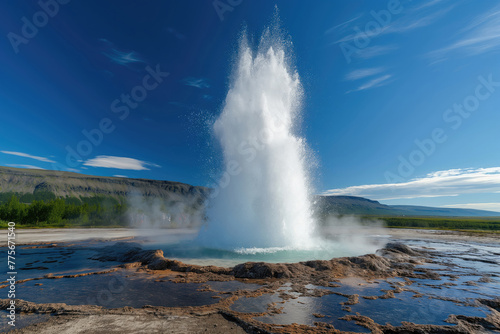 Scenic view of geyser eruption in Iceland. Majestic nature of Iceland