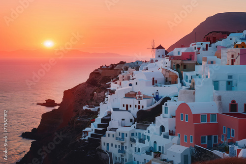 Europe summer destination. Traveling concept, sunset scenic famous landscape of Greek island. Caldera view, colorful clouds, dream cityscape