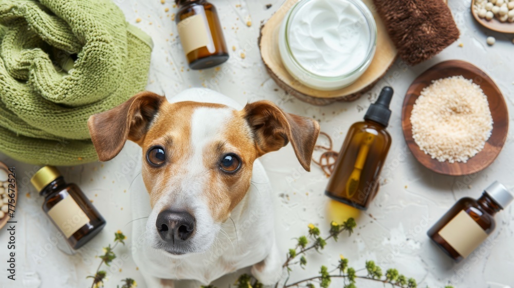 Dog Sitting on Table With Bottles of Essential Oils - obrazy, fototapety, plakaty 