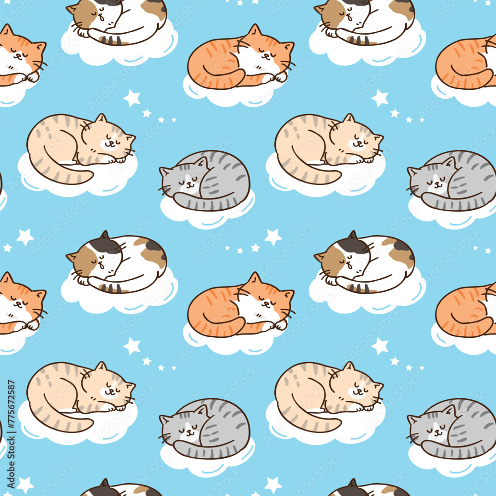 Seamless Pattern of Cartoon Cat Sleeping Design on Blue Sky Background - obrazy, fototapety, plakaty 