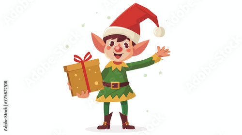 Little elf with gift present. Isolated. flat vector 