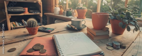 Home budget planning on a wooden desk with calculator, coins, and plant pots. photo