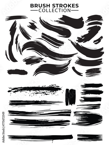 collection of black paint, ink brush strokes, brushes, lines, grungy. Dirty artistic design elements, boxes, frames. Vector illustration. Isolated on white background