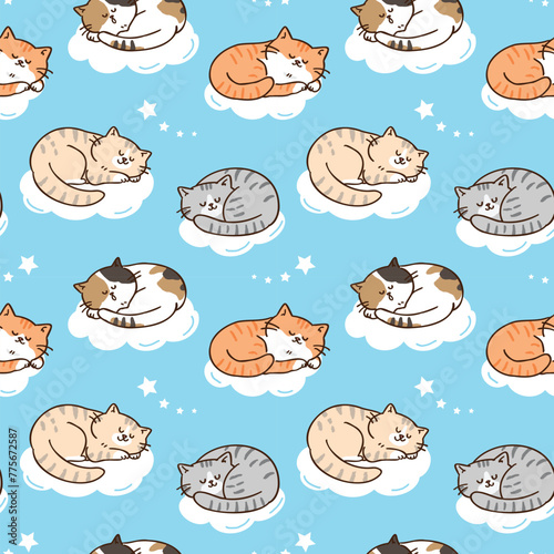 Seamless Pattern of Cartoon Cat Sleeping Design on Blue Sky Background © Supannee