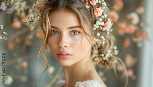 Close-Up Portrait of Bride: Soft Pastel Tones, Intricately Adorned Hair with Small Flowers © KristinArt