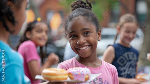 Cheerful girl holding a plate with donuts at an outdoor event. Joyful childhood and dessert concept.