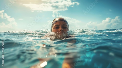 Close-up of female swimmer at sea level. Calm open water swimming with serene expression © ANStudio
