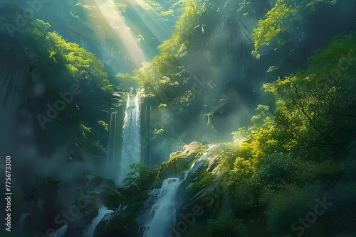 a painting of a waterfall in the middle of a forest with sunlight streaming through the trees and the water running down the side of the cliff to the bottom of the waterfall.