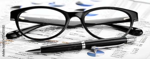 Glasses and pen on financial documents with charts and graphs. Financial review and strategy concept