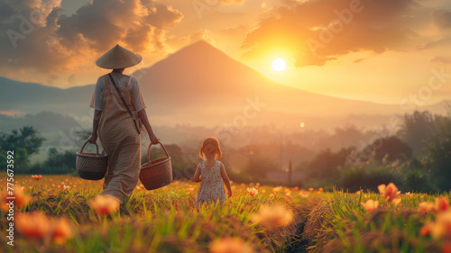 an old Asian woman carrying a basket is walking in the middle of the paddy field with a toddler girl.generative ai