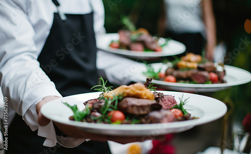 Waiter Carrying Meat Dishes at Festive Event