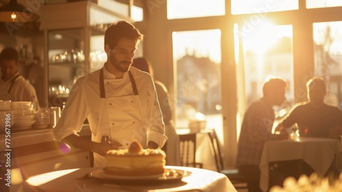 Chef presenting cake in sunlit restaurant with soft focus of customers. Hospitality and gourmet cuisine concept.