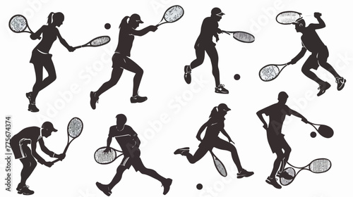 Male and female tennis players silhouettes flat vector