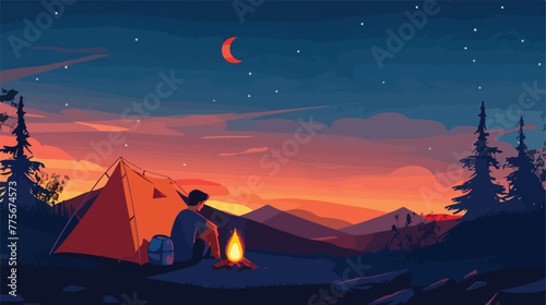 Man camping alone in nature at night vector illustration