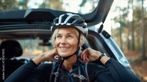 Mature woman wearing helmet before a bike trip in the woods