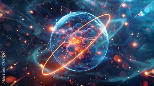 Unstable Atom nucleus with electrons spinning around it technology background. For Design, Background, Cover, Poster, Banner, PPT, KV design, Wallpaper