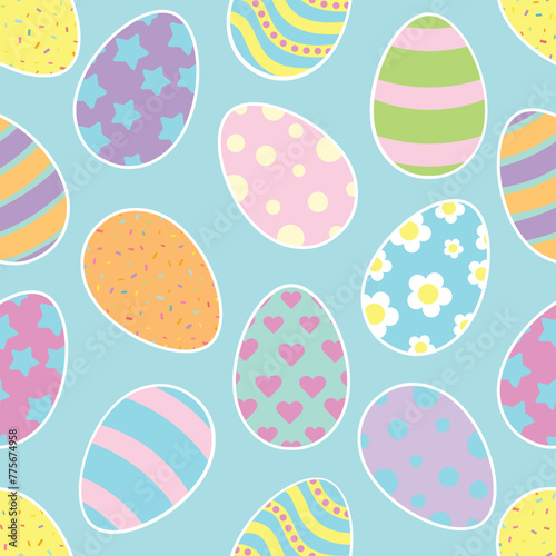 Happy Easter vector seamless pattern with decorated and painted eggs. Flat style design in creative pastel colors