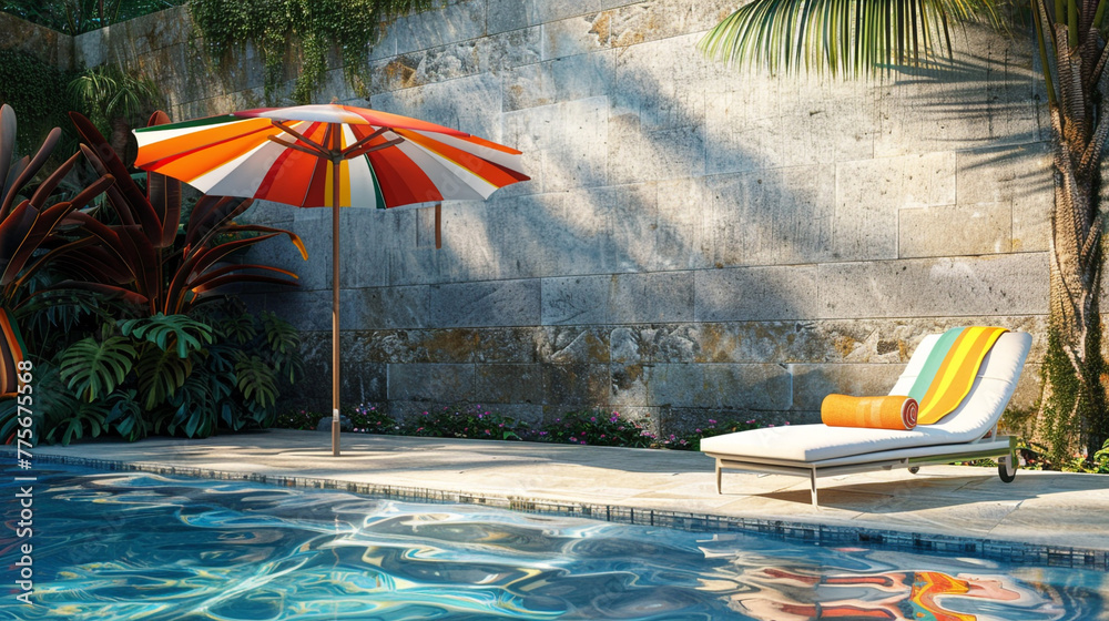 An umbrella by the pool that is colorful and provides shade by the water.