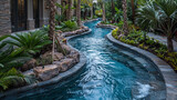 A winding lazy river feature meandering through a resort-style swimming pool.