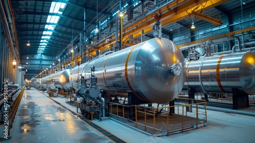 Interior view of an oil and gas petrochemical refinery plant with pipeline and valves. Industrial fuel production.