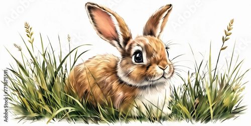 A charming illustration of a cute bunny peeking out from behind the grass and looking towards the camera, ai generate, rabbit, animal, bunny, pet, isolated, mammal, easter, fur, fluffy, pets, hare, wh