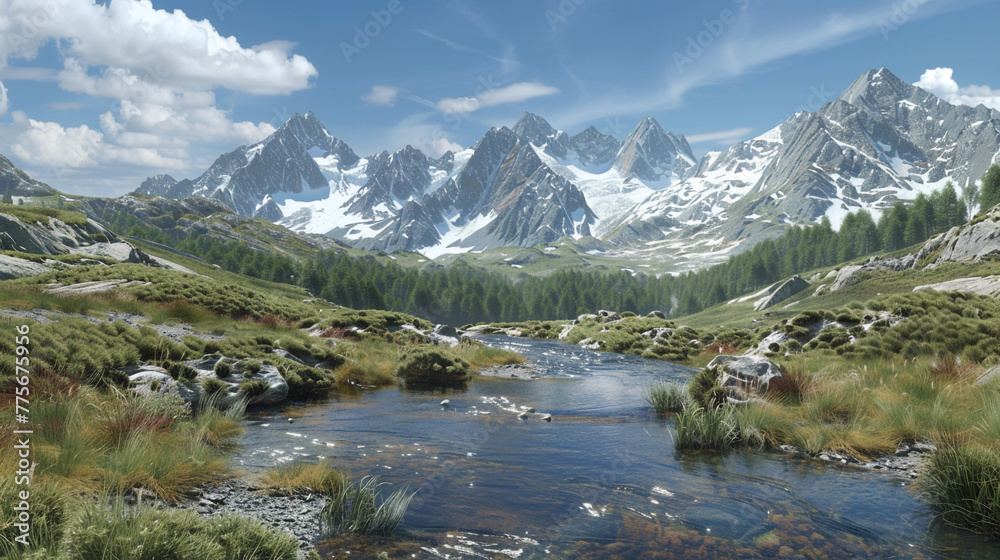 A serene stream meandering over a harsh mountain landscape, with snow-capped peaks in the distance.