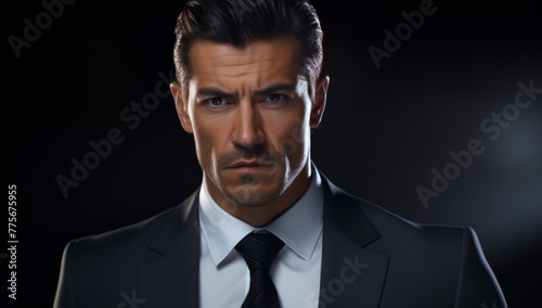Businessman in a suit standing in an office, serious professional person. Corporate and powerful company director.