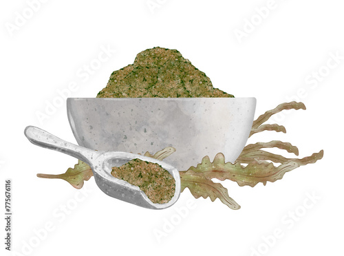 Beauty composition for spa treatments. Ceramic bowl with sea salt, spoon and seaweed bush. The concept of beauty and healthy lifestyle. Hand drawn illustration isolated on white background.