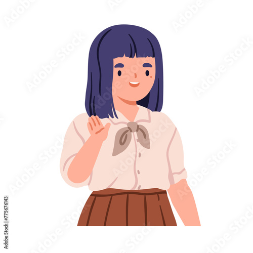 Cute happy Asian school girl waving hi with hand gesture. Smiling friendly kid greeting with joy. Child, schoolgirl character saying hello, bye. Flat vector illustration isolated on white background