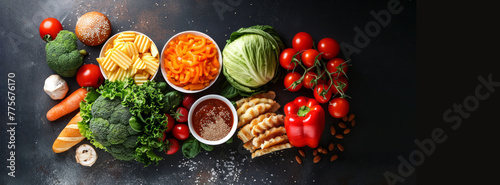 variety of vegetables and fruits are displayed on a counter. howcases a diverse selection of fresh produce. The arrangement of the items  such as the broccoli and fast food. Unhealthy vs healthy food