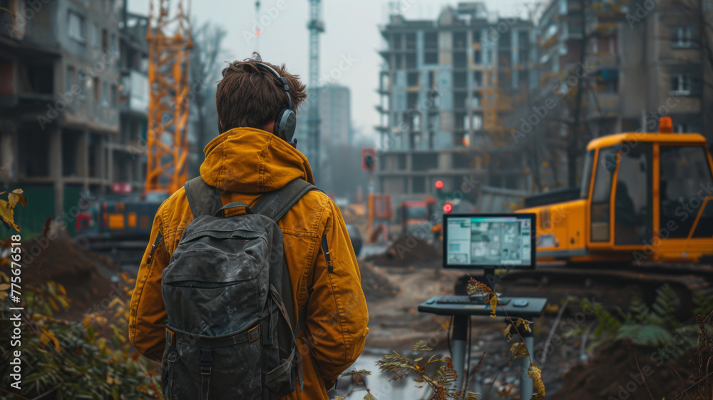 a man monitoring noise pollution on a computer, daylight, construction site in the background,generative ai