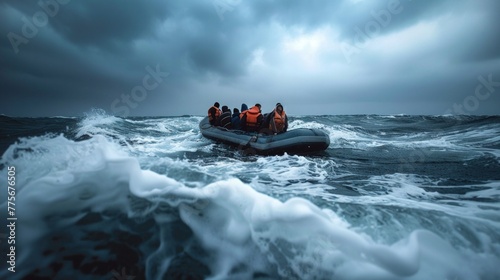 People in rescoe rubber boat photo