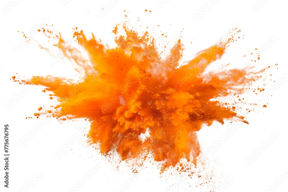 Orange color powder explosion splash with freeze isolated on background, abstract splatter of colored dust powder.