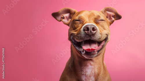 Portrait of happy dog on pink background