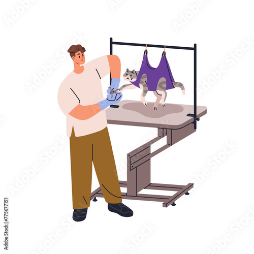 Professional cat grooming service. Groomer cutting claw, trimming nail for ki...