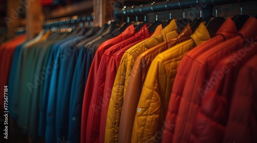 Array of quilted jackets in warm colors displayed on hangers in a cozy boutique atmosphere with soft lighting.