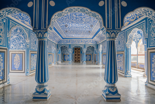 Konstfotografi Interior paintings and columns of the Blue Palace in Jaipur, Rajasthan, India