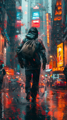 a man running down the street with an overflowing bag of money  stylized neon paint splashes generative ai