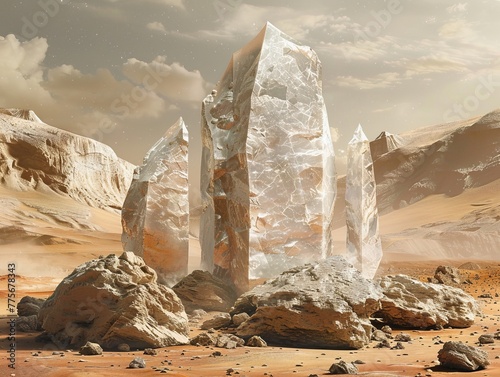 Design a series of digital sculptures featuring flint tools as the focal point in a Martian landscape. photo