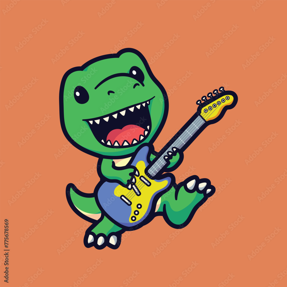 Fototapeta premium Cute Cartoon Dinosaur playing Guitar vector illustration design
