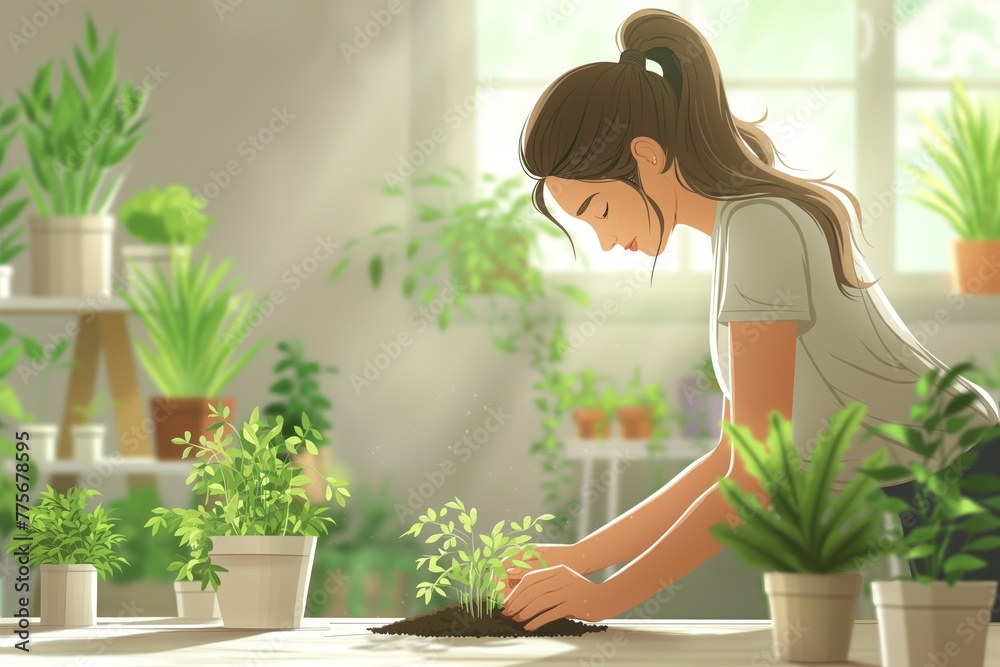 Illustration of young smiling woman taking care of plants while gardening home Illustration of young smiling woman taking care of plants while gardening home