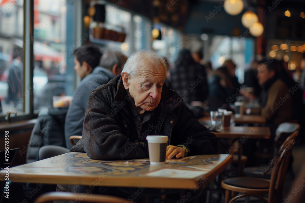 An elderly man sits at a table in a crowded café, surrounded by people, underscoring the disconnect and isolation