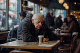 An elderly man sits at a table in a crowded café, surrounded by people, underscoring the disconnect and isolation