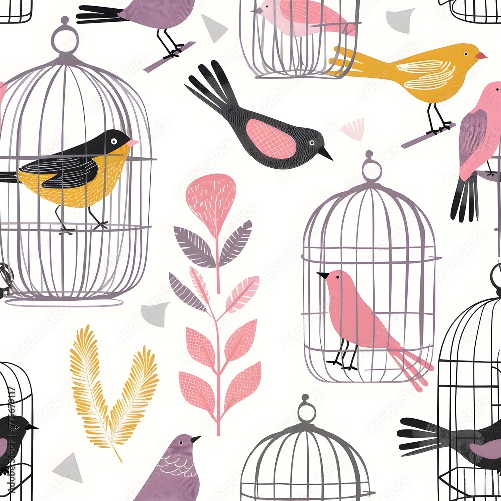 Naklejka premium Cute cartoon birdcage pattern, light grey background
